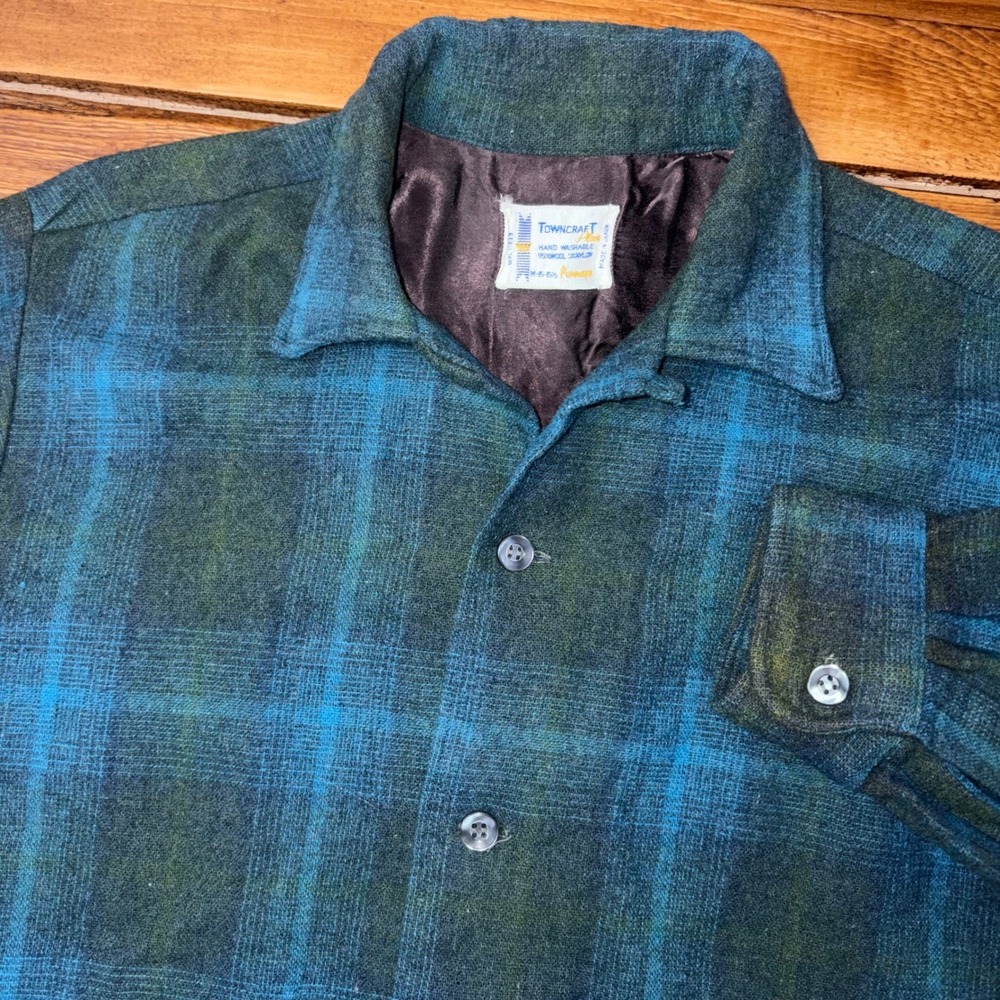 Vtg Towncraft Penneys Flannel Shirt Men Medium Blue Green Plaid Wool Blend 1960s